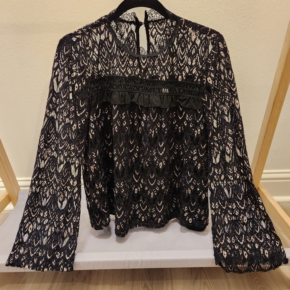 Blue Rain Black and Gold Lace Top